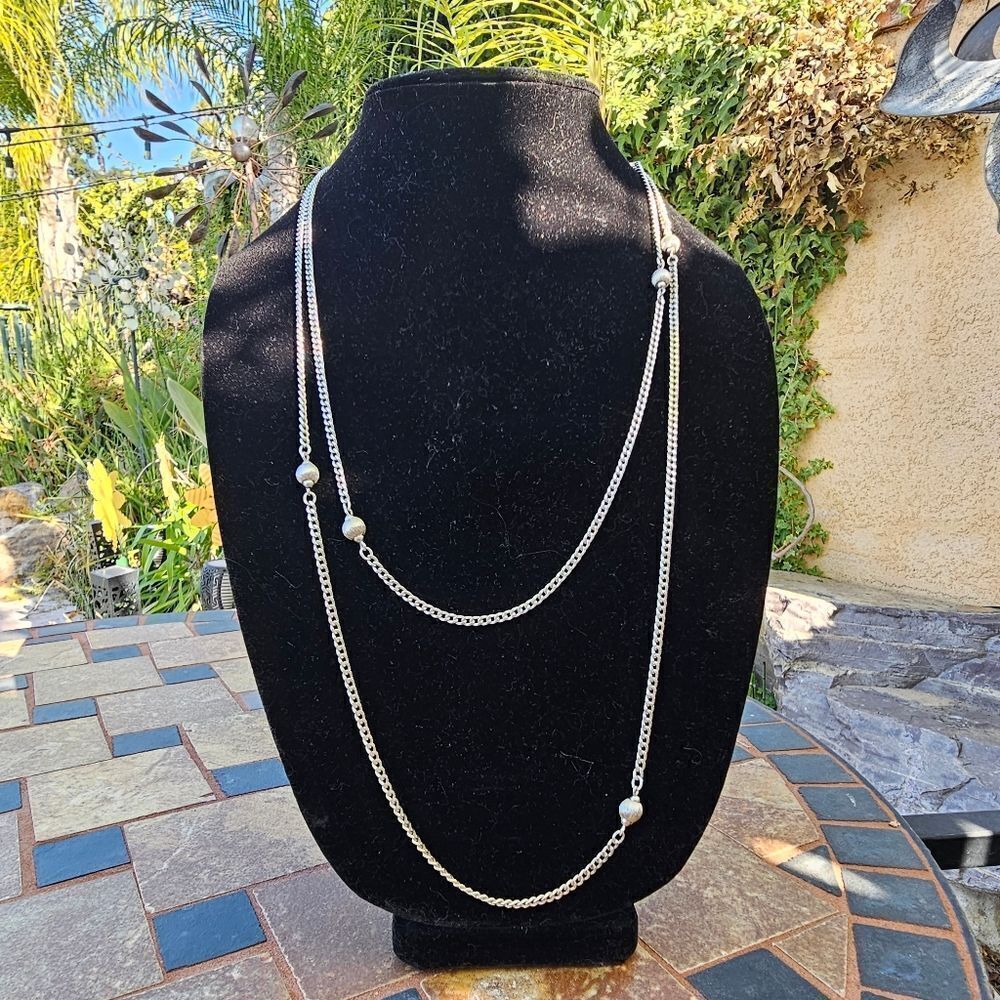 Vintage Signed Monet Flapper Length Silver Beaded Chain Necklace